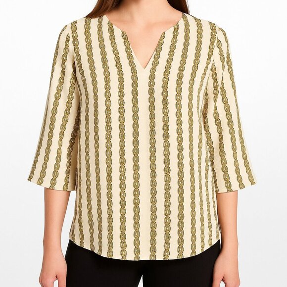 Michael Michael Kors Chain Print Blouse Medium Bow Sleeve V-Neck Top - Picture 1 of 5